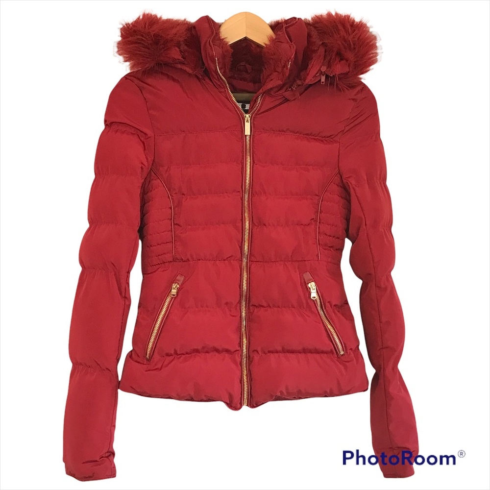 Palmares Red Faux Fur Puffer Jacket Hooded Women’s Size Medium - Runs Small